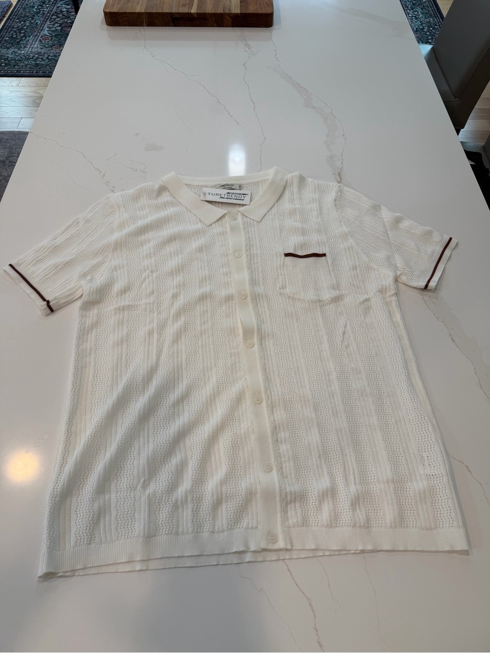 Tumi + Henry Cream Knit Button-Front Polo Top with Brown Trim #392